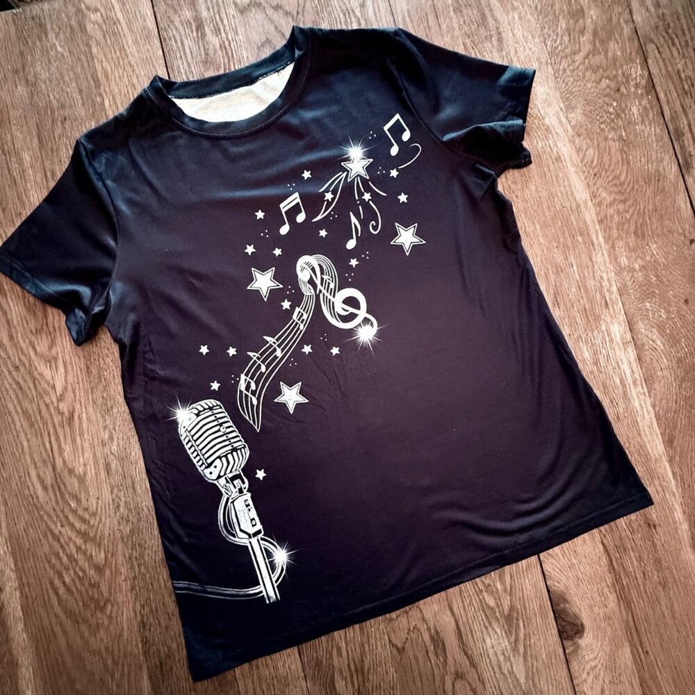 Music Microphone Shirt Womens XL Black Star Note Graphic Stretch Tee